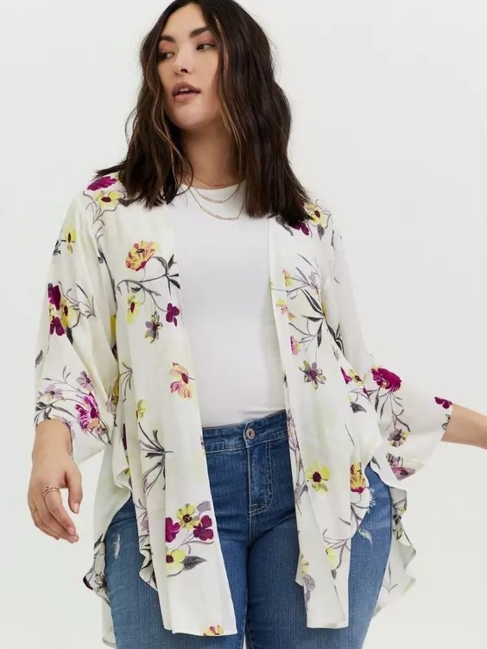 Torrid White Floral Shirttail Kimono with Purple and Yellow Blooms